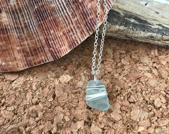 Genuine Sea Glass Necklace-Pale Blue Color Sea Glass-Beach Glass Necklace-Wire Wrapped Necklace-Handmade-Beach Inspired-Unique Gifts