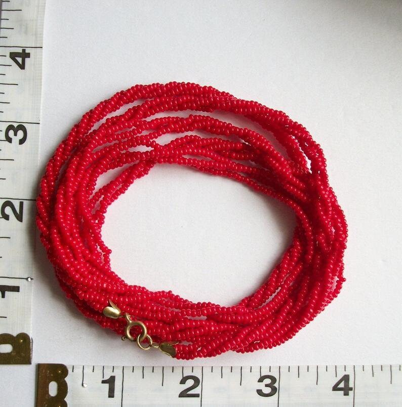 Shabby Lovely Red Plastic Seed Bead Necklace Vintage Super Long Necklace Red Bead Necklace Bead Necklace UnSigned Vintage Jewelry