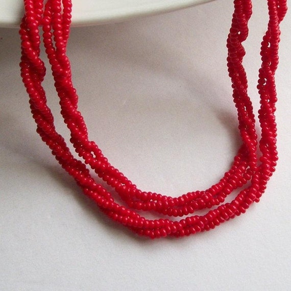 Shabby Lovely Red Plastic Seed Bead Necklace Vintage Super Long Necklace Red Bead Necklace Bead Necklace UnSigned Vintage Jewelry