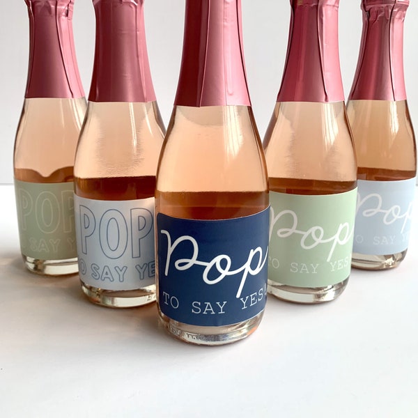 Bridal Mini Champagne Bottles Labels Blue and Green, Bridesmaid Proposal Pop to say yes, Bridesmaid Maid of Honor, Proposal Printed Labels