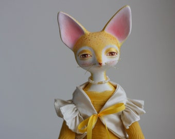 Yellow fox art doll Ooak fantasy fox figurine Cute animal doll Anthropomorphic fox Golden color fox Creature doll Handmade interior fox toy