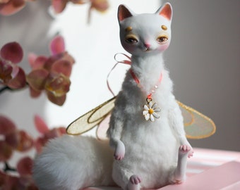 White fluffy cat art doll Little cute fantasy cat doll Winged kitten doll OOAK interior animal toy