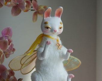 White Bunny art doll Little cute fantasy rabbit doll Winged fluffy bunny doll OOAK interior animal toy