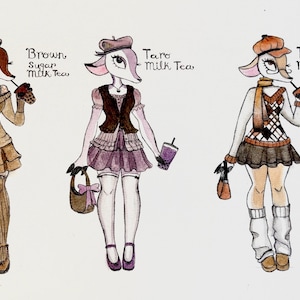 May include: Watercolor illustration of three deer-like characters, each dressed in different outfits and holding bubble tea. The text above each character reads "Brown Sugar Milk Tea", "Taro Milk Tea", and "Thai Milk Tea".