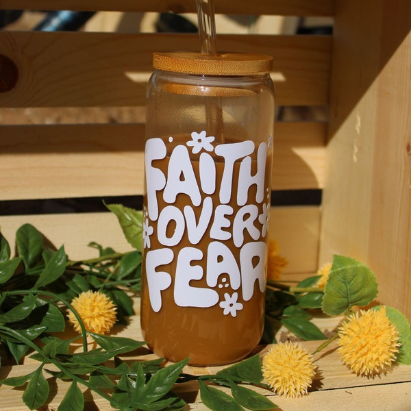 Faith Over Fear Glass Cup | Iced Coffee Christian Glass | Retro Flower Beer Can | Christian Gift | Handmade | Bamboo lid and straw | 16/20oz