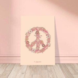 Póster con símbolo de la paz floral dibujado a mano, tamaño A3 (29,7 x 42 cm), arte boho para espíritus libres, decoración del hogar con rosas, natural y buenas vibraciones