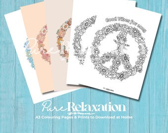 Floral Peace Sign Coloring Pages & Prints: Relaxing Art (Digital Download)