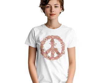 Boho Floral Peace Sign T-Shirt: Rose & Natural Colors