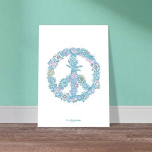 Póster con símbolo de la paz floral dibujado a mano, tamaño A3 (29,7 x 42 cm), arte boho para espíritus libres, colores pastel, decoración del hogar con buenas vibraciones
