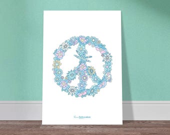 Floral Peace Sign Poster: Hand-Drawn Boho Art, Pastel Colors (A3)