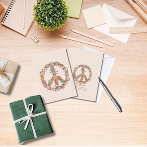 Pacote de cartões Boho Floral Peace em cores terrosas - 10 cartões de felicitações desenhados à mão para qualquer ocasião