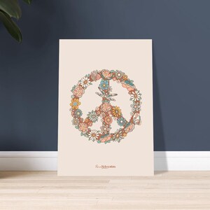 Póster con símbolo de la paz floral dibujado a mano, tamaño A3 (29,7 x 42 cm), arte boho para espíritus libres, colores tierra y decoración del hogar con buenas vibraciones