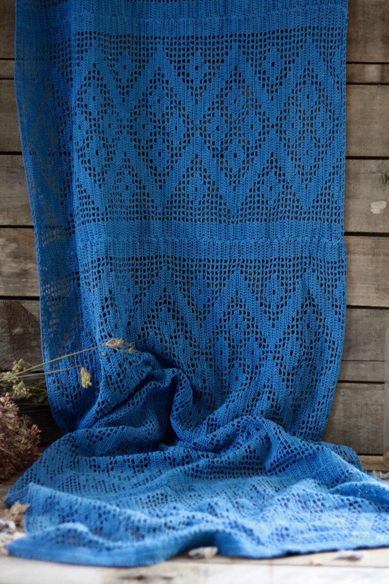 French antique blue crocheted curtain Antique lace Antique work crochet Victorian haberdashery Crocheted lace. Haberdashery accessory