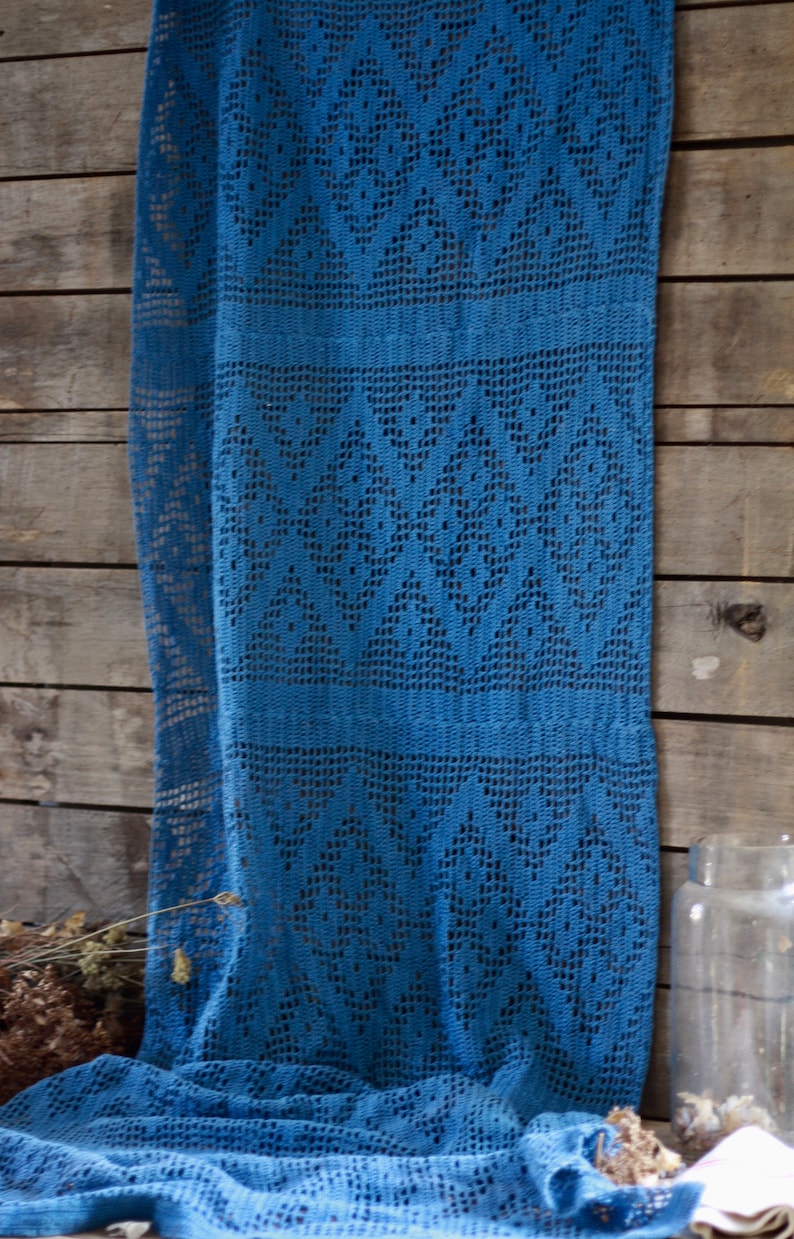 French antique blue crocheted curtain Antique lace Antique work crochet Victorian haberdashery Crocheted lace. Haberdashery accessory