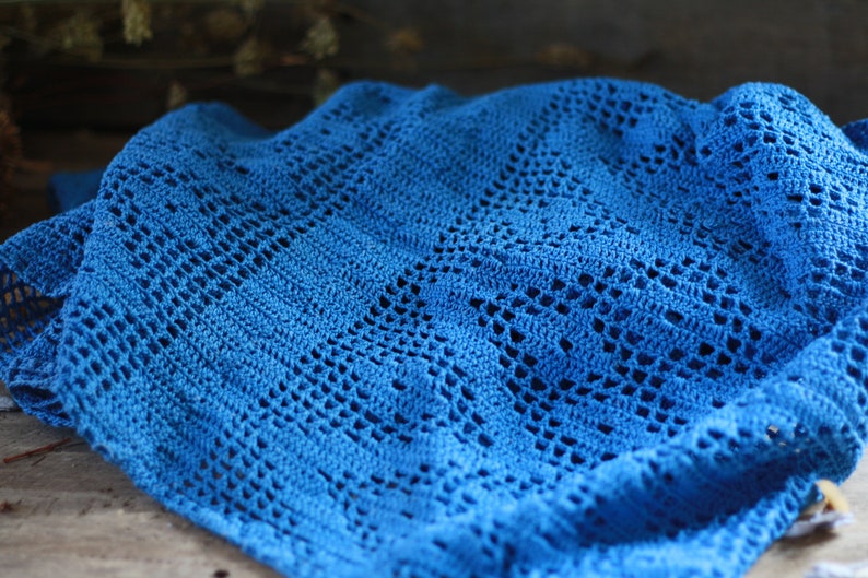 French antique blue crocheted curtain Antique lace Antique work crochet Victorian haberdashery Crocheted lace. Haberdashery accessory