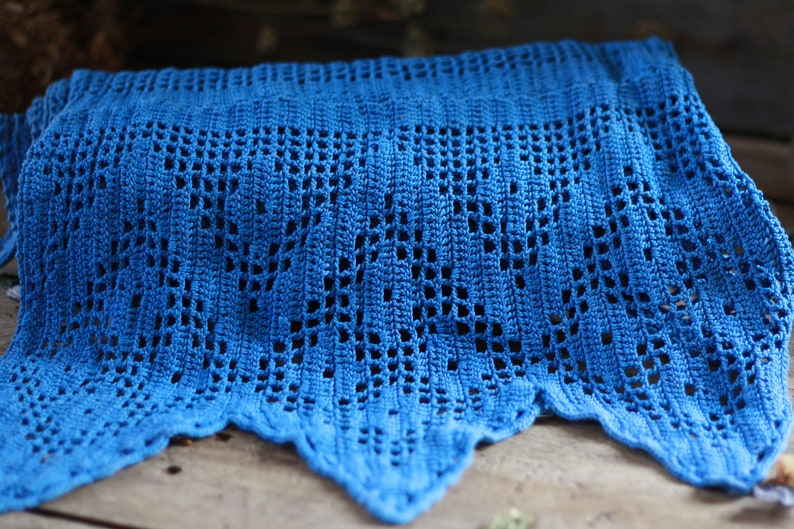 French antique blue crocheted curtain Antique lace Antique work crochet Victorian haberdashery Crocheted lace. Haberdashery accessory