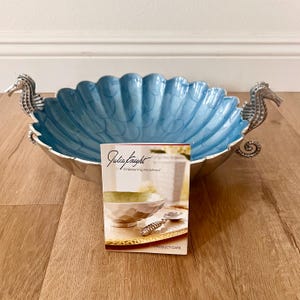 Julia Knight Large Azure Enamel “By the Sea” Seahorse Bowl with Tag 12”, Signed