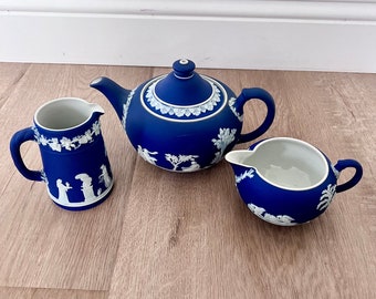 Wedgwood Cobalt Blue Jasperware Tea Set - Teapot Pitcher Creamer Vintage