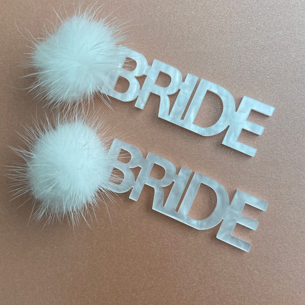 Bride Earrings, Bridal Earring’s, White Pom Pom earrings, Personalized Bride Earrings, Bachelorette Earrings