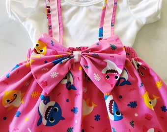 Baby Shark Gonna-Spalline Bretelle Outfit Neonata, Gonna e fiocco per bambini, Bambina Primo compleanno ragazze Gonna estiva Torta schiacciata