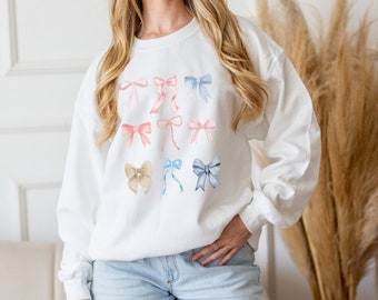 Bow Crewneck Sweatshirt, Balletcore shirt, Balletcore Sweatshirt, Pink Ribbon Sweatshirt, watercolor bow, coquette aesthetic, bow shirt