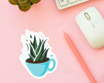 Plant Sticker - Tea Cup Plant, Aloe Plant Sticker, Laptop Sticker, collectible sticker, Water Bottle Stickers, Plant Decal, Plant Lover Gift