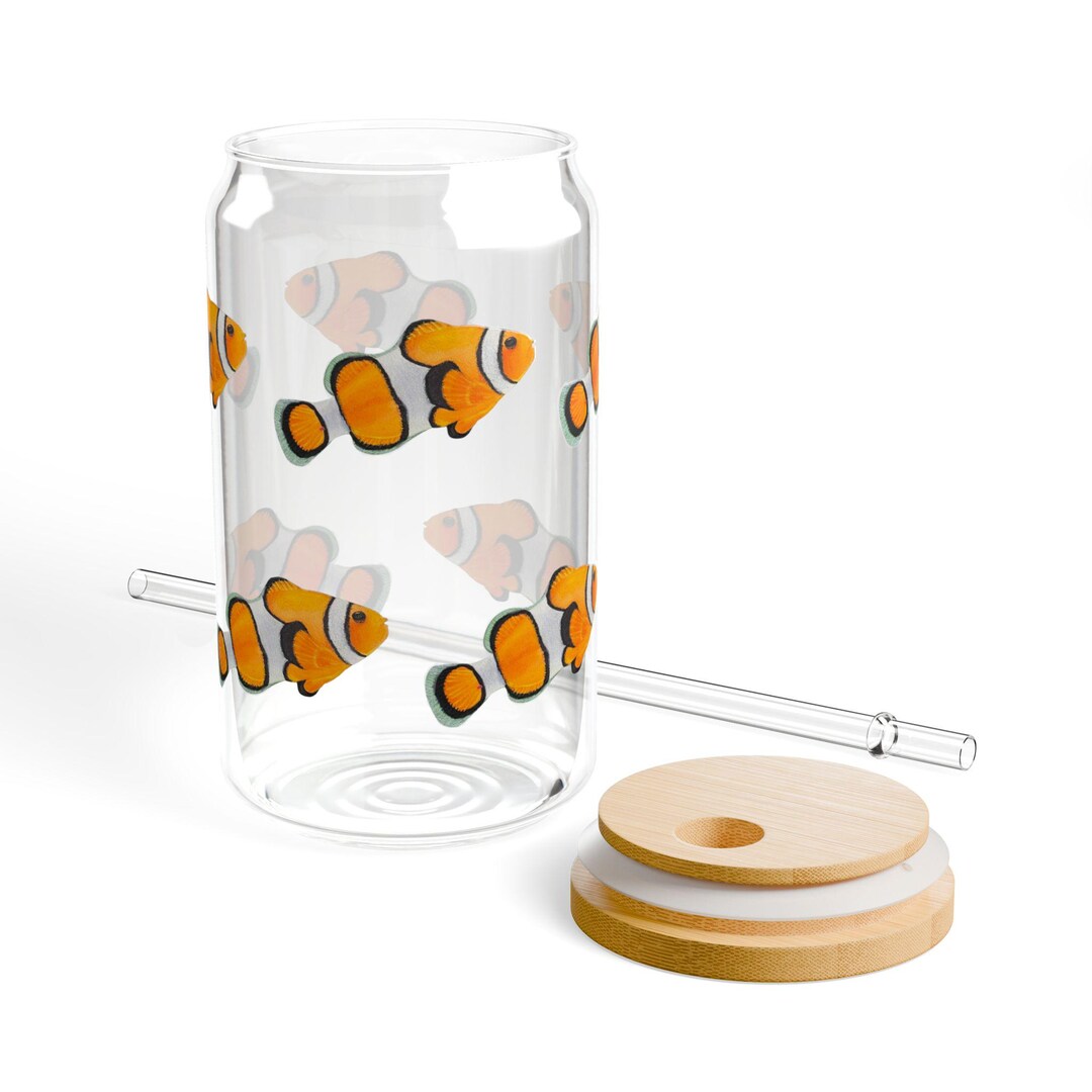 Glass Sipper Mug With Clown Fish Design, Unique 16oz Cup for Ocean ...