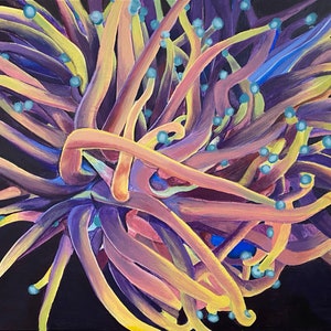 May include: Abstract painting of a cluster of organic shapes in shades of purple, yellow, and pink, with small blue spheres. The artwork is set against a black background, creating a striking contrast. The painting evokes a sense of depth and texture.