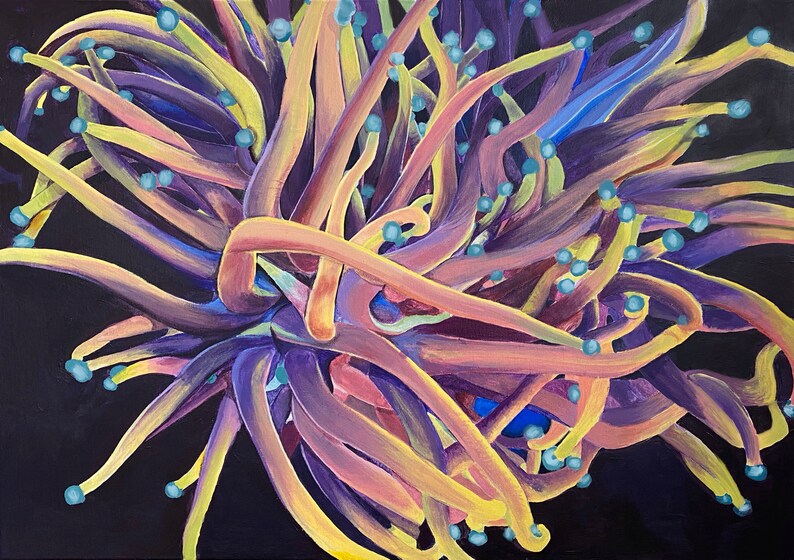 May include: Abstract painting of a cluster of organic shapes in shades of purple, yellow, and pink, with small blue spheres. The artwork is set against a black background, creating a striking contrast. The painting evokes a sense of depth and texture.