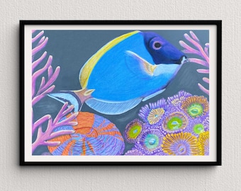 Reef Tank Wall Art - Powder Blue Tang Art, Saltwater Fish Drawing, Sea life Decor, Coastal Art, Aquatic Home Decor, Fish Wall Art Print