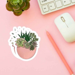 May include: A sticker featuring a pink pot with a variety of green succulents. The sticker is on a pink background.