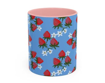 Strawberry Fields Mug, Fruit Coffee Cup, Summer Drinkware, Red Berry Tea Mug, Kitchen Decor