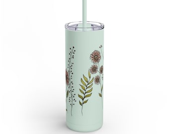 Floral Skinny Tumbler, Matte Tumbler Cup, Personalized Floral Drinkware, Custom Flower Tumbler, Gift for Her, Stainless Steel Floral Tumbler