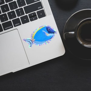 Holo Fish Sticker - Powder Blue Tang Holo Sticker, Saltwater Fish Sticker, Laptop Sticker, Holo Sticker, Water Bottle Sticker, Reef Tank Art