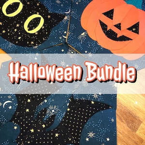 May include: A set of three fabric patches featuring a black cat, a jack-o'-lantern, and a bat. The patches are on a dark blue background with gold stars and are part of a Halloween bundle.