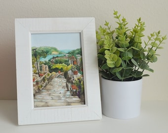 Italy Watercolor Art Print, Cinque Terre Watercolor Painting - Garden and Ocean View