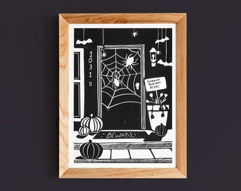 Halloween Decoration Art Print, Pumpkin Front Porch Decor