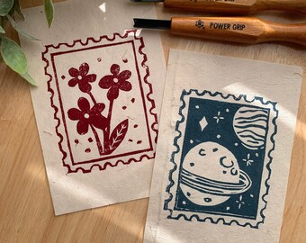 Postal Stamp Relief Print - Floral Stamp - Floral Postal Stamp - Planets Postal Stamp - Postage Stamp Art Print - Stamp Wall Art