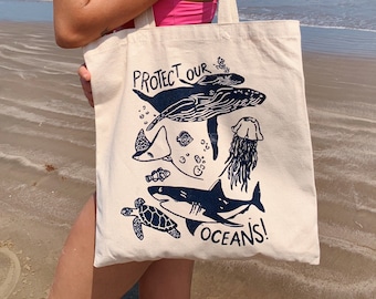 Proteger nuestros océanos bolsa de mano serigrafiada, bolsa de playa de lona, bolsa de mano de playa, bolsa de verano, bolsa de mano de lona serigrafiada de animales oceánicos hecha a mano