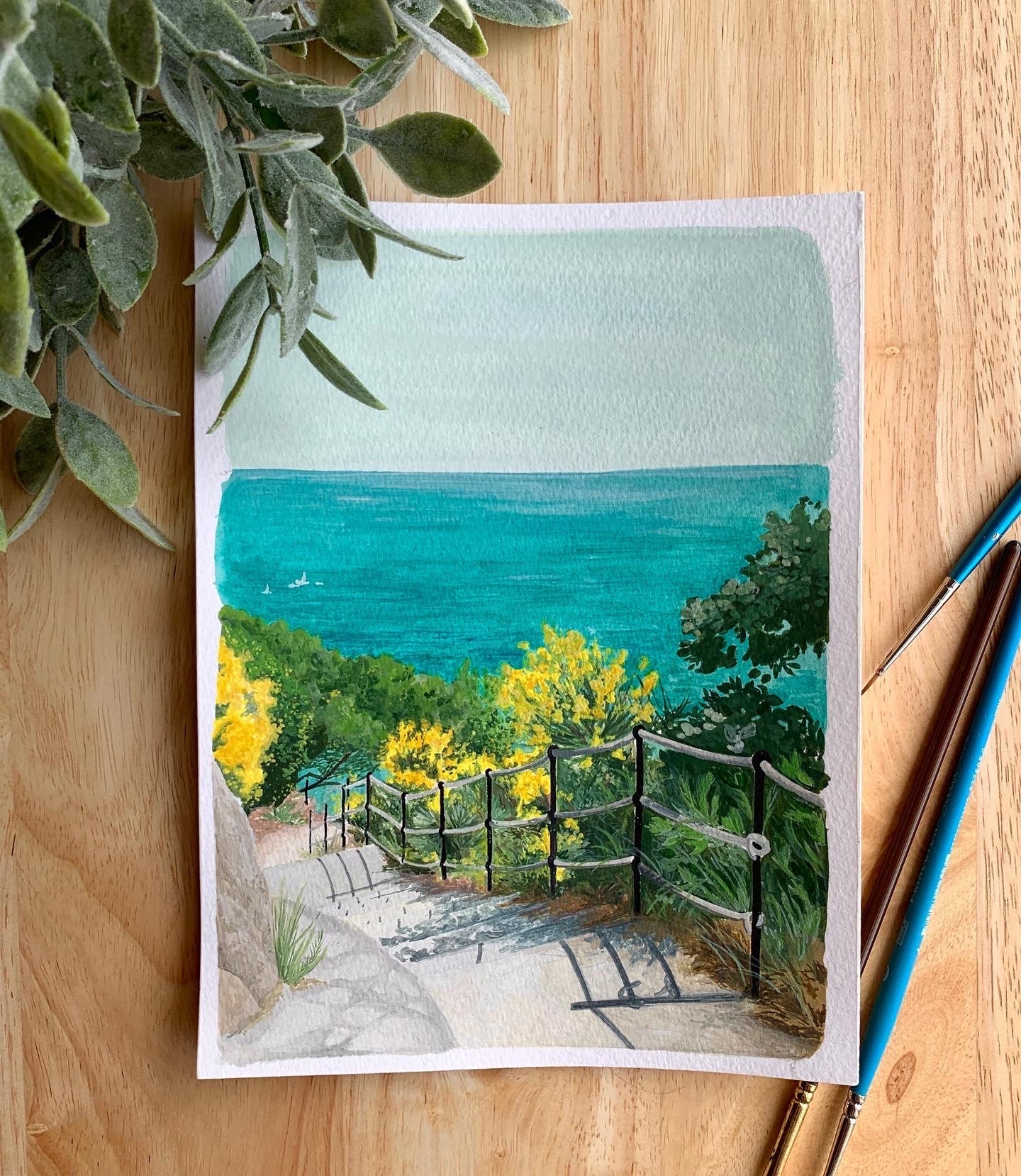 Italy Gouache Art Print, Cinque Terre Watercolor Painting - Yellow Flowers Ocean View