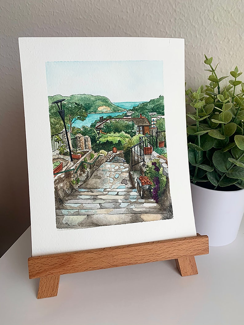 Italy Watercolor Art Print, Cinque Terre Watercolor Painting Garden and Ocean View image 4