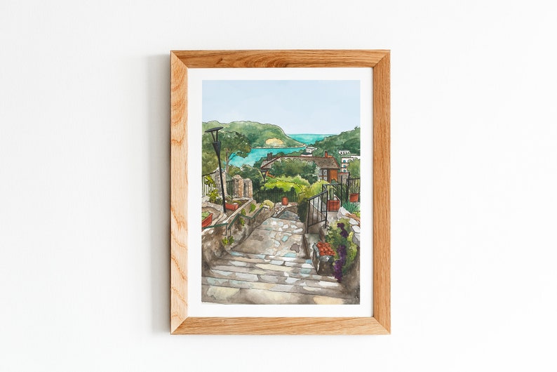 Italy Watercolor Art Print, Cinque Terre Watercolor Painting Garden and Ocean View image 3