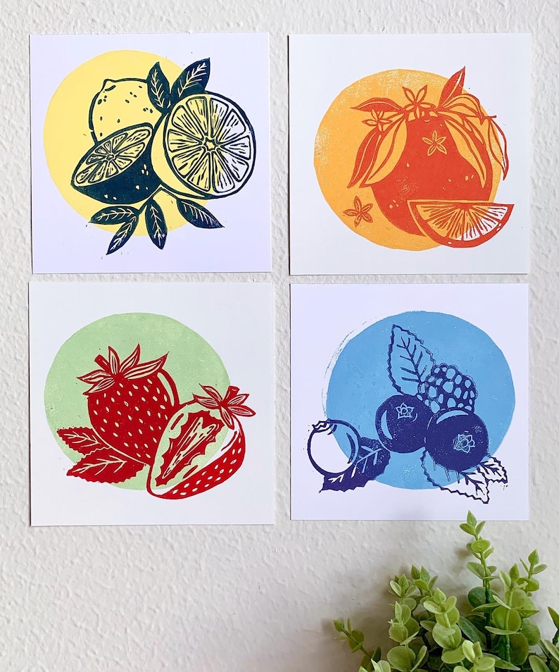 Fruit Art Print Set Strawberry, Berries, Lemon, Orange image 1