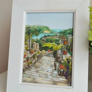 Italy Watercolor Art Print, Cinque Terre Watercolor Painting Garden and Ocean View image 2