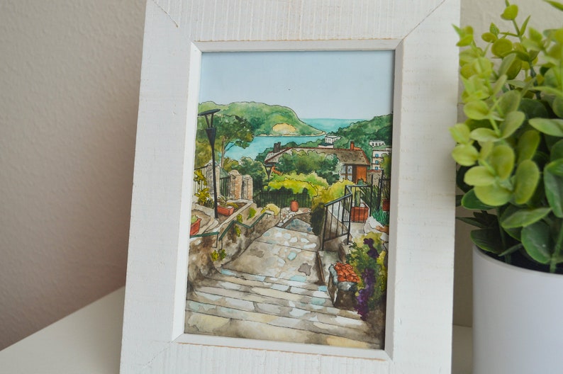 Italy Watercolor Art Print, Cinque Terre Watercolor Painting Garden and Ocean View image 2