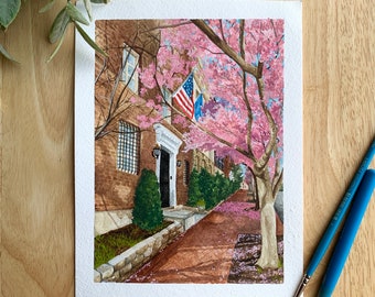 Washington D.C Artwork - Cherry Blossom Watercolor - US Capital Travel Keepsake