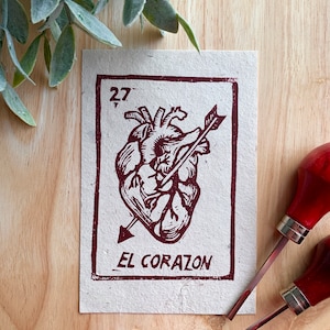 Impresión artística de cartas de lotería - Impresión en relieve de lotería mexicana - Impresión artística de corazón - Impresión artística de lotería corazón - Día de San Valentín - Corazón