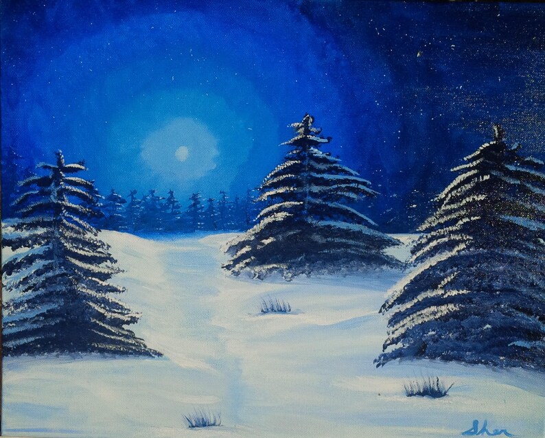 Night Sky Painting Christmas Painting White Church Painting Snow