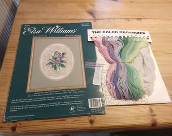 Elsa Williams crewel embroidery kit lavender Lace no 00476. Designed by Joan Marchie. Crewel work. Embroidery. Illusion lace. Complete kit.