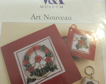 A V&A museum counted cross stitch kit by DMC. Cross stitch card, tag and key ring. Cross stitch for all skills inc beginners. Art Nouveau.